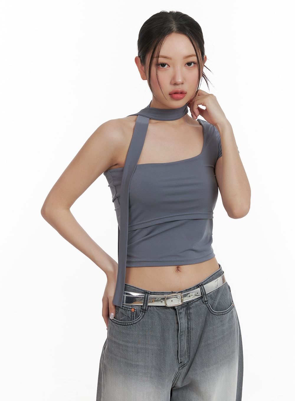 one-shoulder-crop-tee-with-thin-scarf-ca416