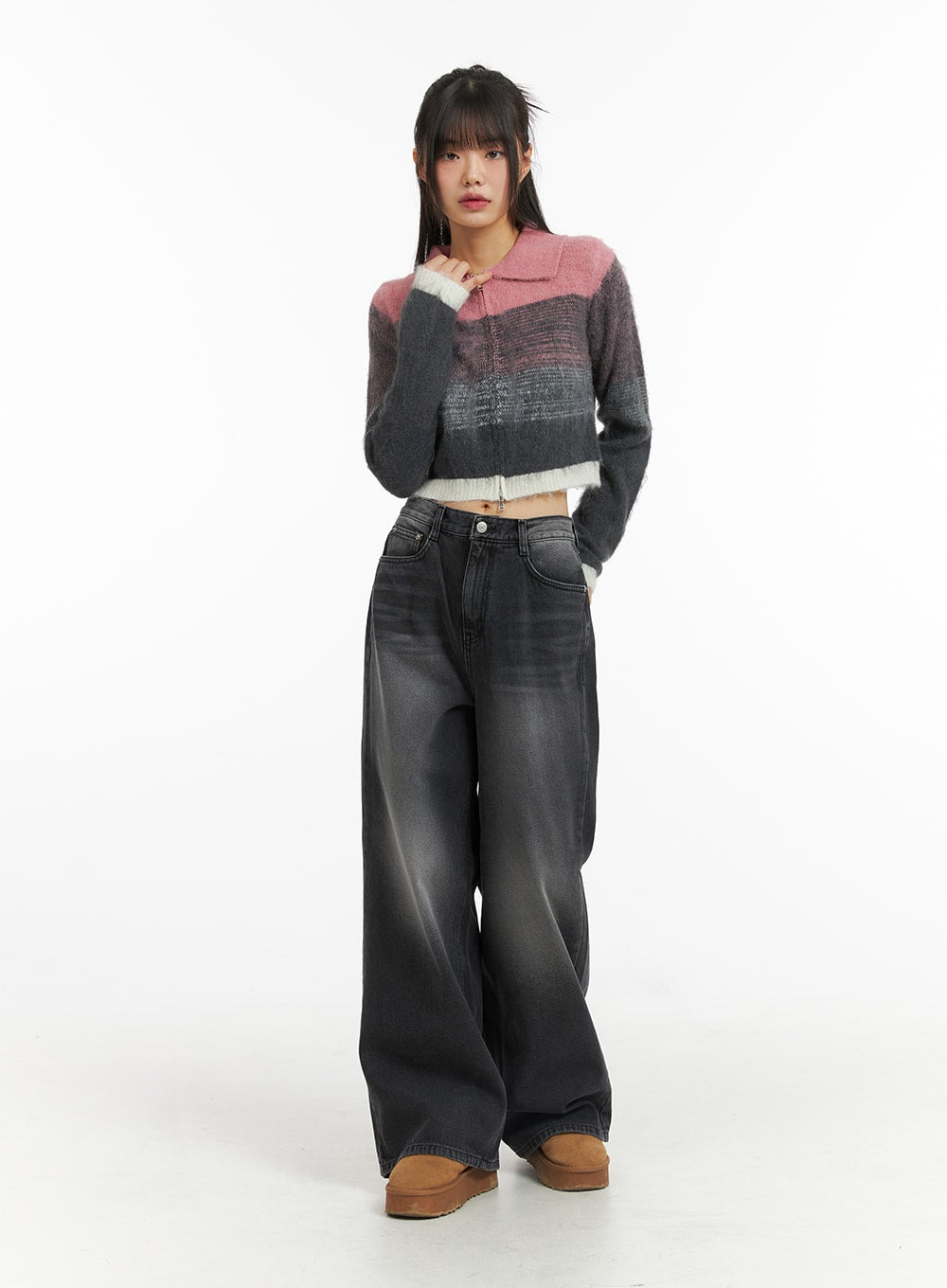 Denim Mid-Waist Pocket Wide Leg Jeans CJ415 in washed black, full-body front shot on model, wide-fit floor-grazing leg, styled with pink-grey colour-block crop knit and platform boots.
