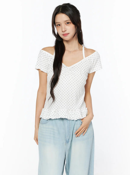 frill-hem-polka-dot-halter-short-sleeve-top-cu522