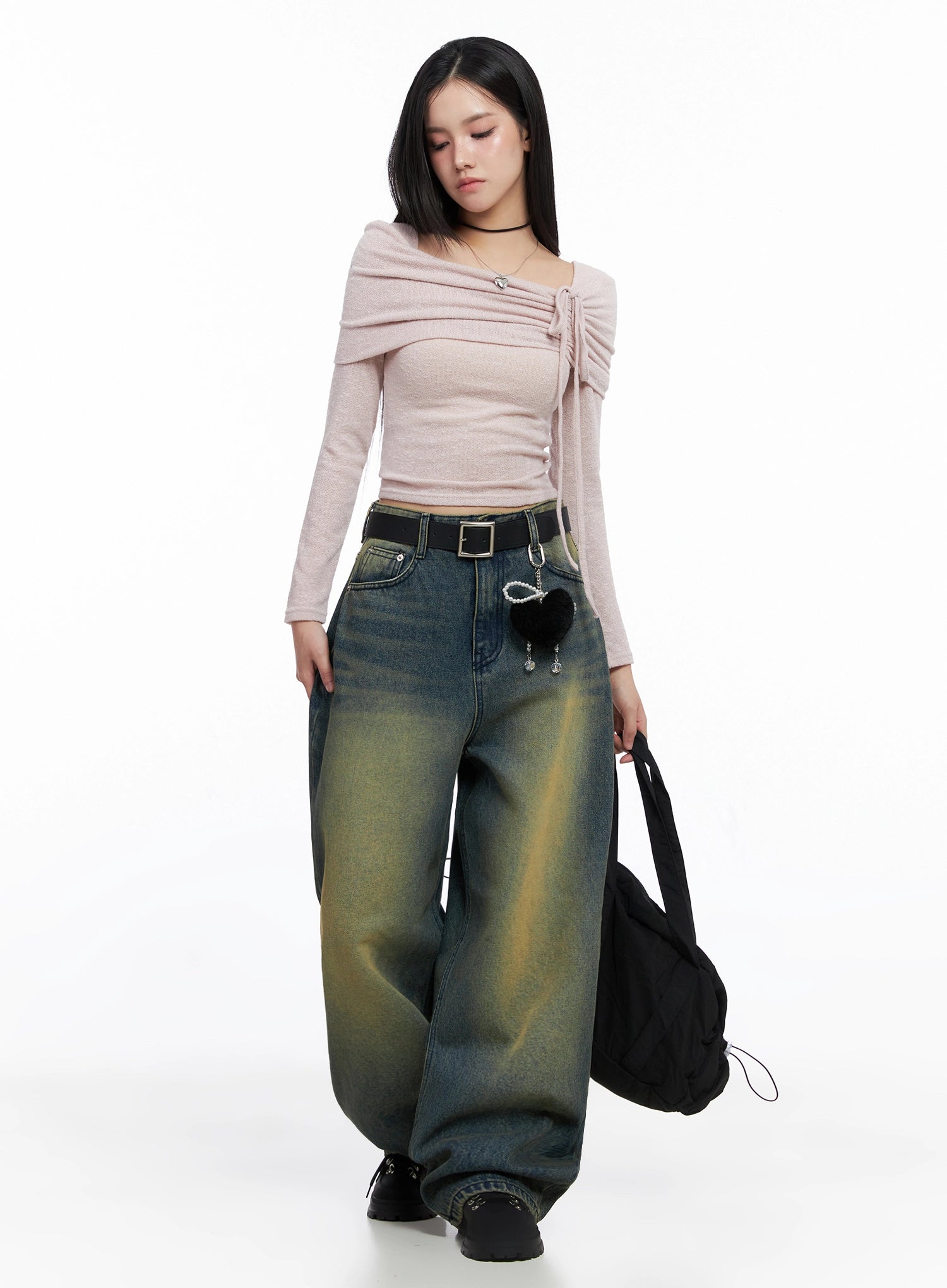 Elora Washed Baggy Jeans IS525 in dark blue, full-body front shot on model, yellow-green washed baggy denim with black belt, paired with pink off-shoulder top and black bag.
