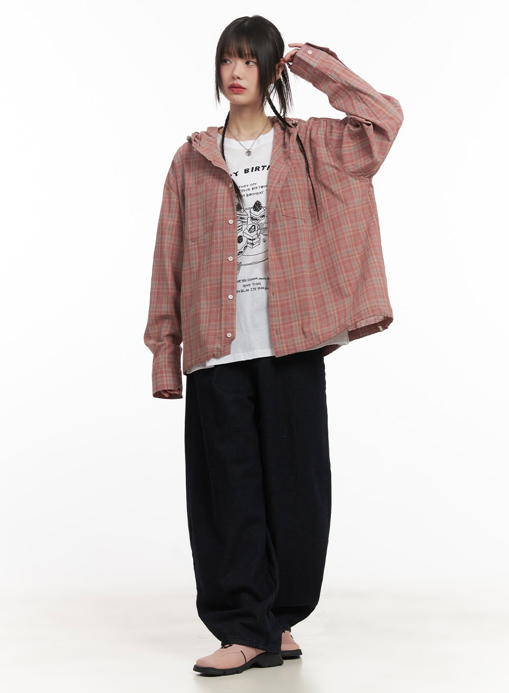 Dory Embroidered Baggy Jeans CF518 in dark blue, front full-body view on model layered with pink plaid hooded shirt over graphic tee, wide-leg pooling at hem.