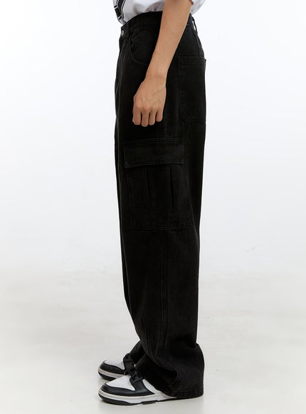 mens-cargo-pocket-denim-wide-leg-pants-black-ig416