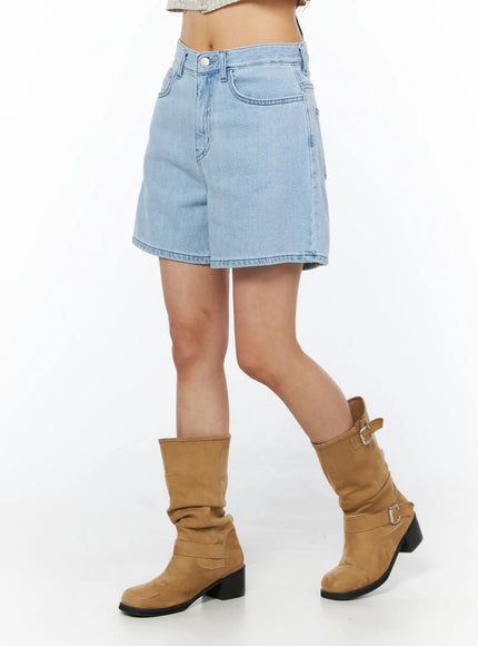 Casual Relaxed-Fit Jorts CU522 in light blue, close-up side shot on model, high-waist denim with five-pocket design and clean hemline, styled with tan mid-calf boots.