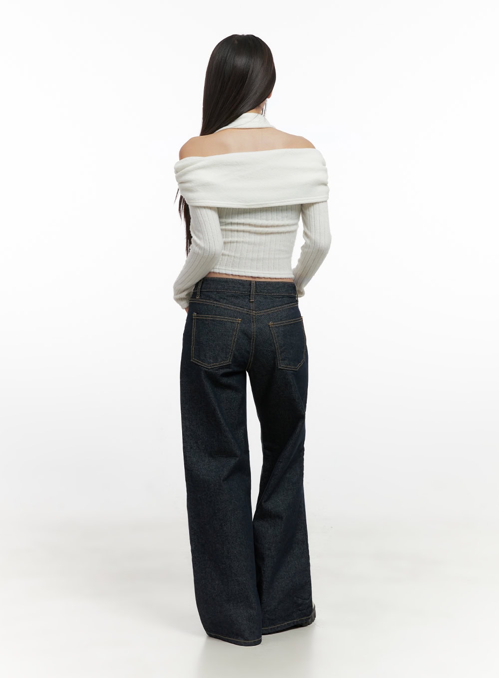 Lisa Cotton Comfort Wide Leg Jeans CN419 in dark blue, back full-length view on model, wide-leg cotton denim showing back pockets with gold contrast stitch, styled with white off-shoulder halter knit.