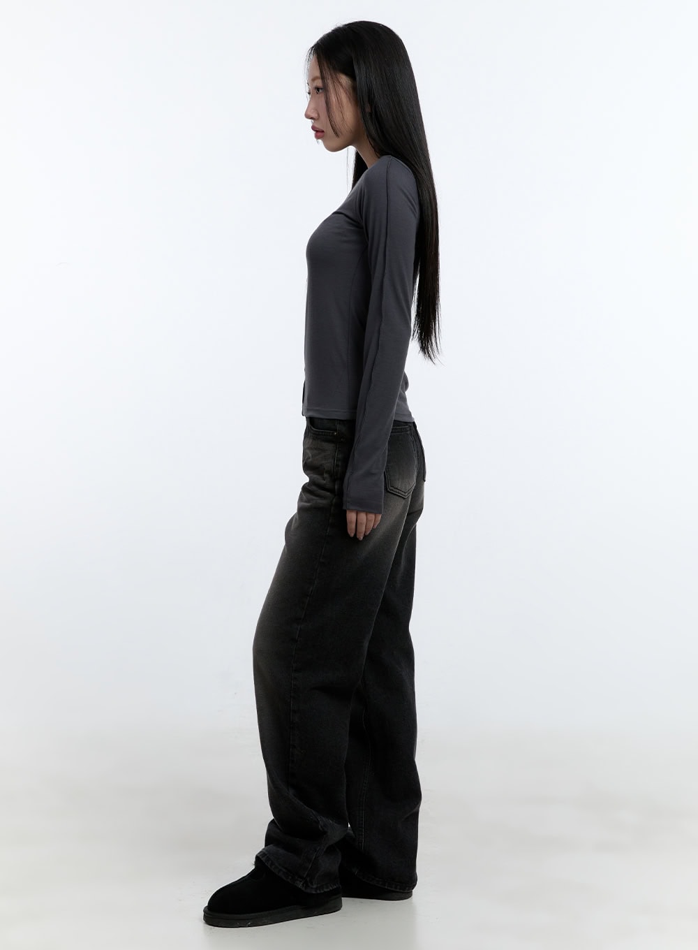 Emilia Cotton Wide Leg Jeans CD420 in black, full-length side profile on model, washed denim with relaxed wide leg and floor-grazing hem, styled with fitted grey long-sleeve and black shoes.
