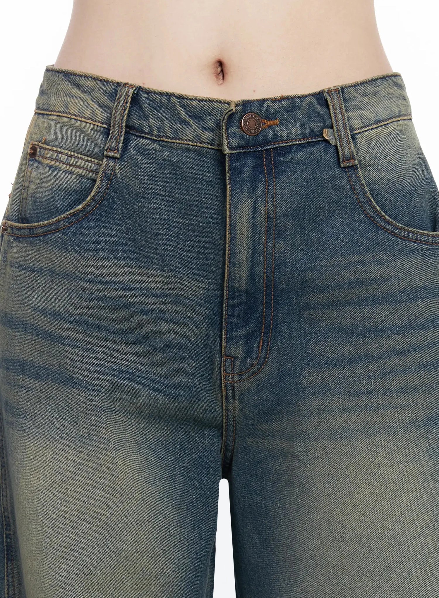 Tata Vintage Dark Blue Washed Wide Leg Jeans IJ528 in dark blue, close-up of waistband and front pocket area, copper button closure, contrast orange stitching, vintage yellow wash fading detail on cotton denim.