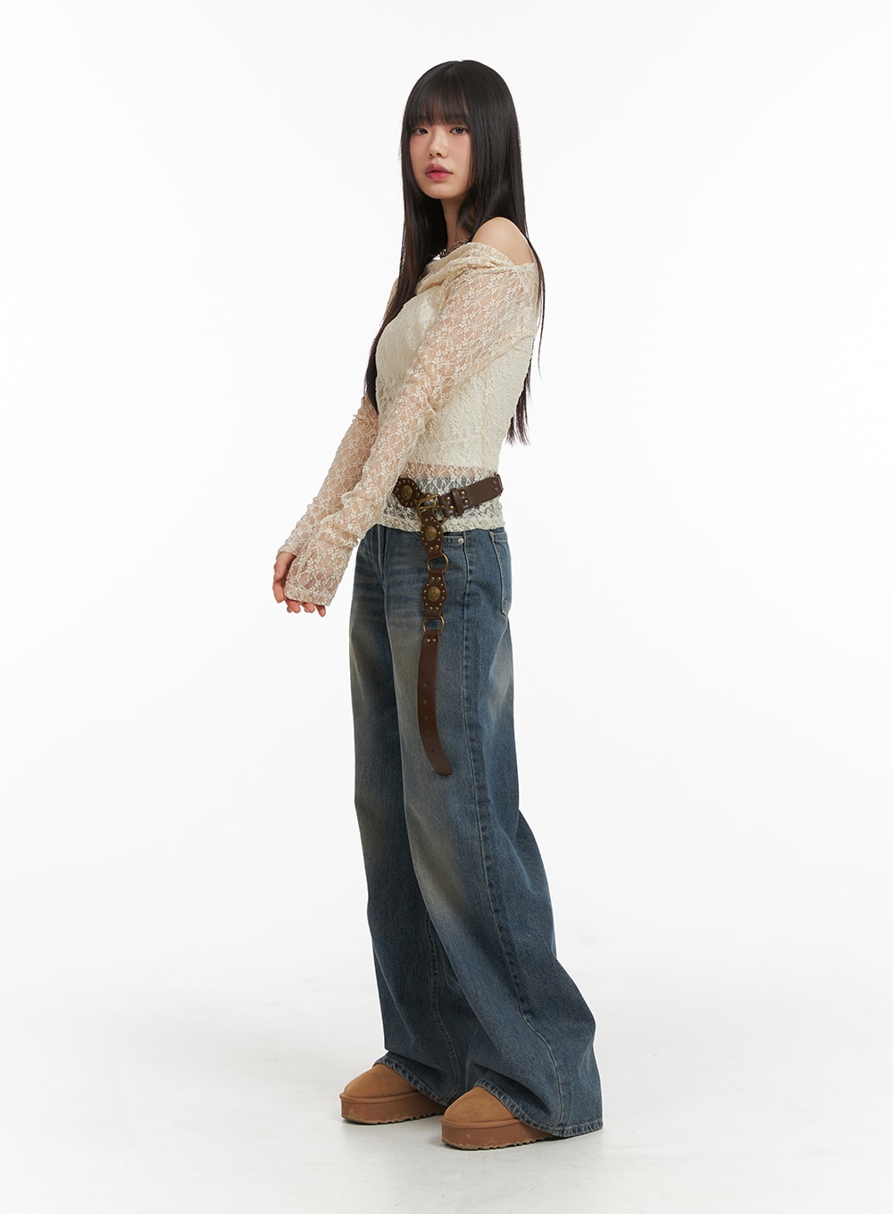 Wide Leg Denim Trousers CJ415 in washed blue, full-length side shot on model, floor-grazing wide leg with vintage wash, paired with cream lace top and platform shoes.