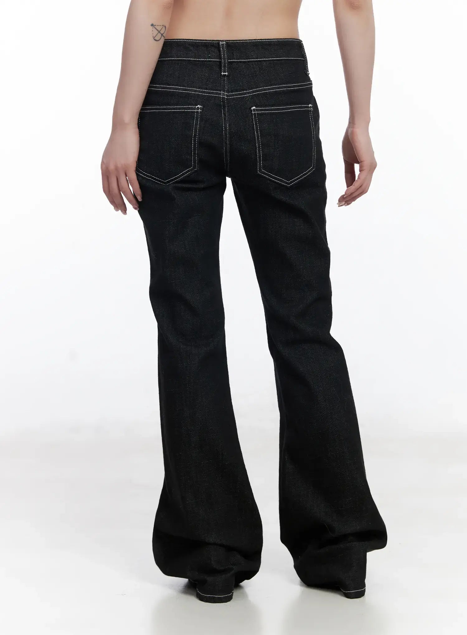 Dahy Stylish High-Waisted Bootcut Jeans CJ526 in black, back view on model, high-waisted fit with contrast white stitching on rear pockets and center seam, wide bootcut flare at hem.