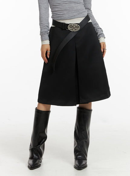 pleated-mid-length-solid-skirt-cj417 / Black