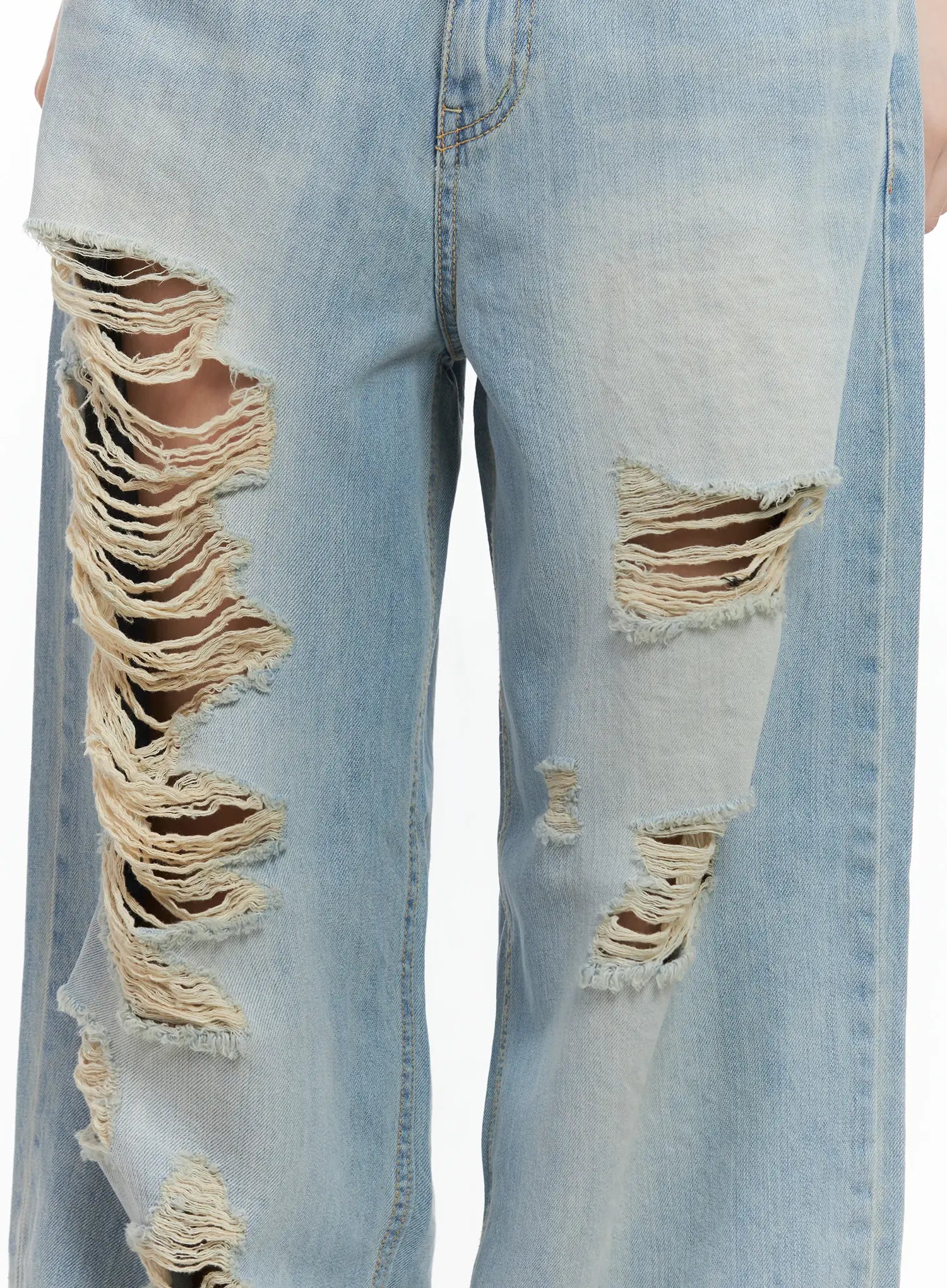 Gyuri Dirty-Wash Distressed Wide Jeans CU530 in blue, close-up detail of thigh distressing, large frayed open rips with exposed threads on light-wash cotton denim.
