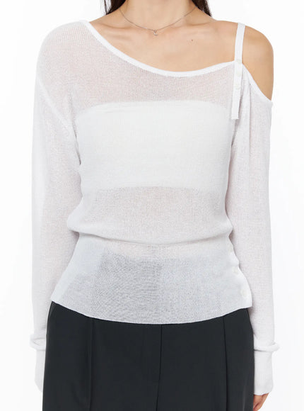 One-Shoulder Knit Top CU522 in white, close-up front torso shot on model, sheer open-knit texture with asymmetric neckline and single shoulder strap, ribbed hem visible.