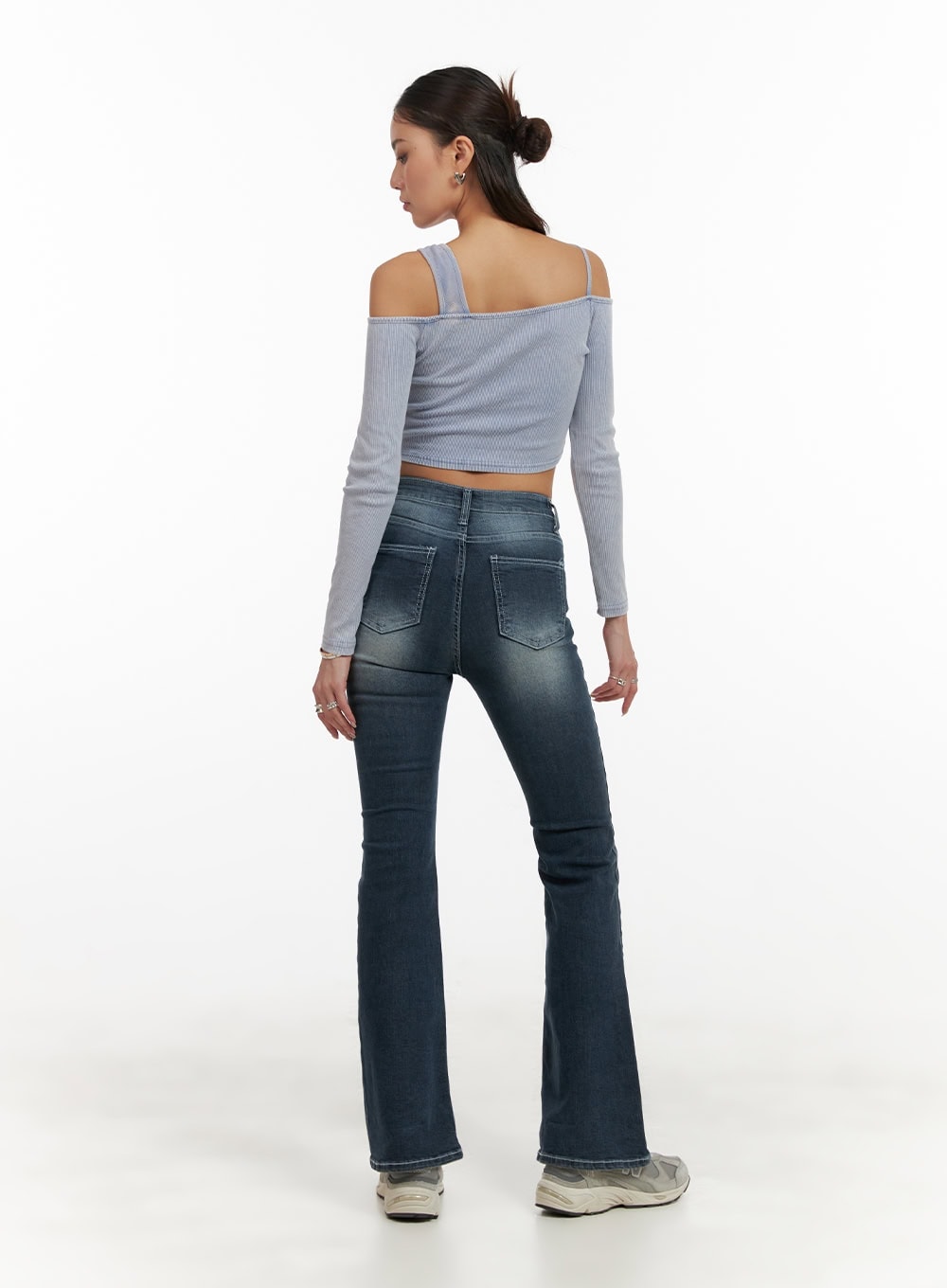 Washed Denim Slim Fit Bootcut Jeans CY402 in blue, full-length back view on model, showing rear patch pockets, slim fit through seat, bootcut hem flare, washed indigo cotton-spandex denim.