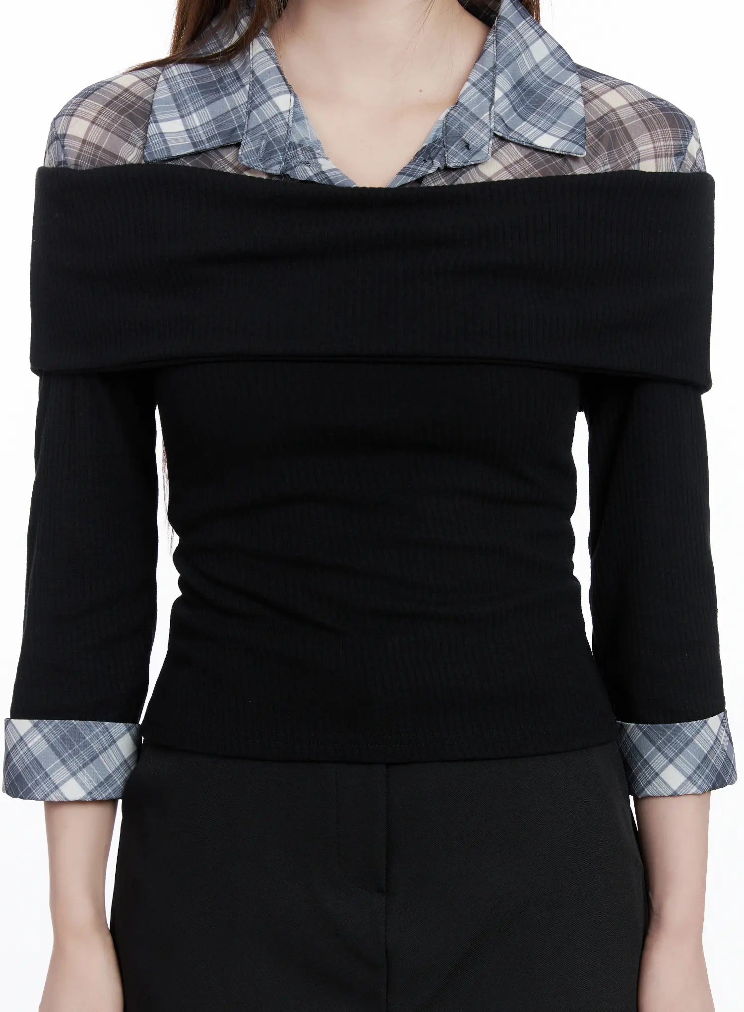 plaid-collar-layered-long-sleeve-top-cg529
