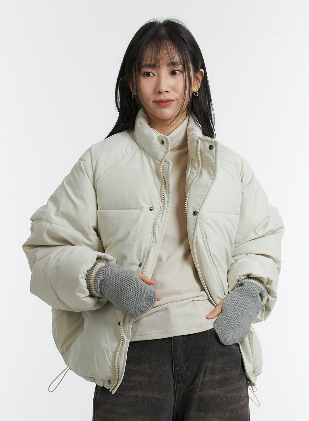 Solid Zip-Up Stand Collar Puffer Jacket OD315