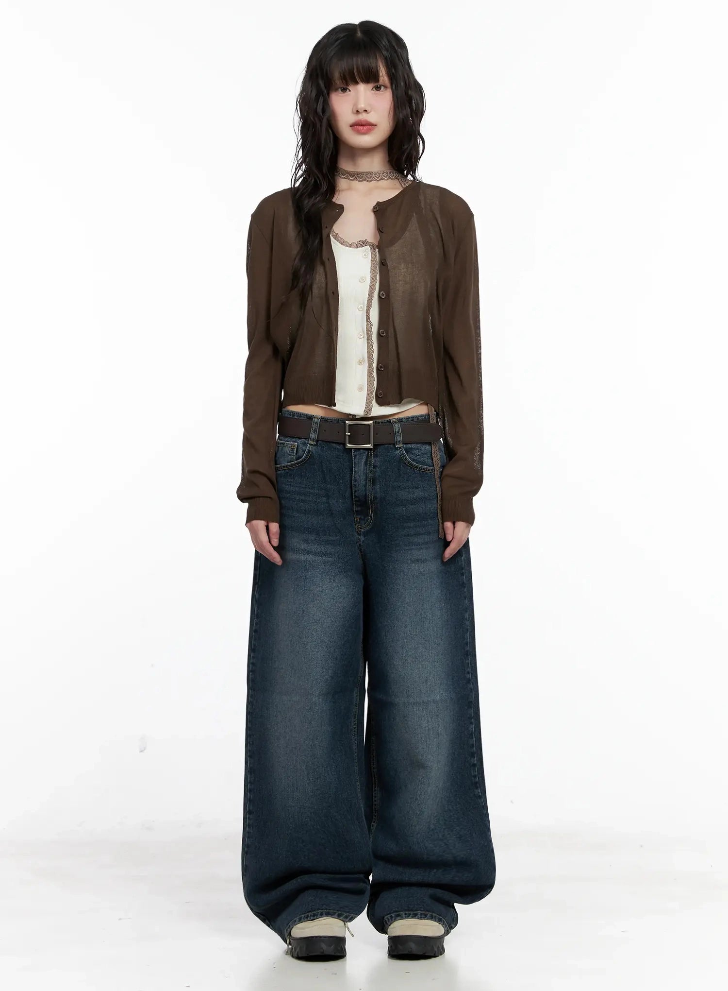 Mashiro Vintage-Wash Wide Jeans IL531 in dark blue, full-length front view on model standing straight, wide-leg silhouette with belt, styled with brown sheer cardigan and white lace cami top.