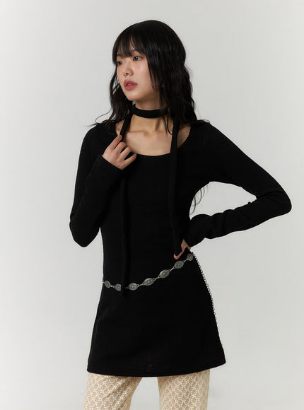 u-neck-slim-fit-mini-dress-with-scarf-cf407