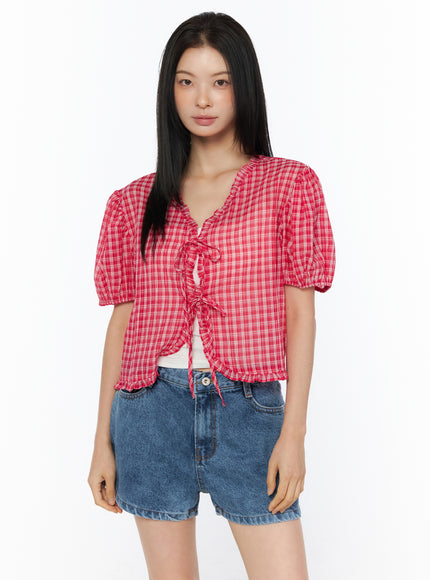 plaid-ribbon-tie-short-sleeve-cardigan-blouse-iu519