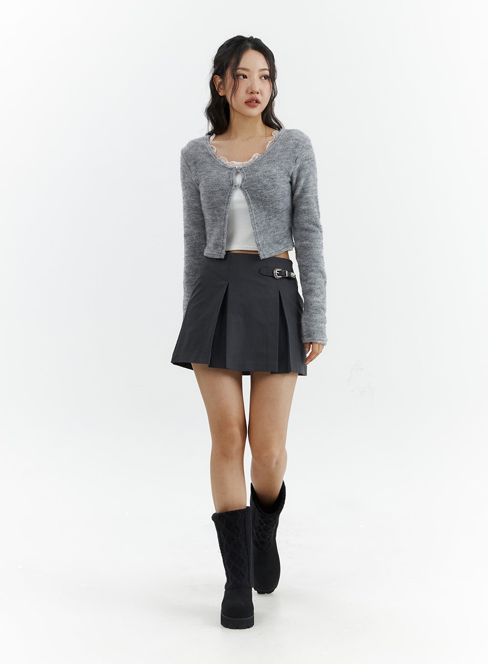 gray-pleated-belted-mini-skirt-cj423