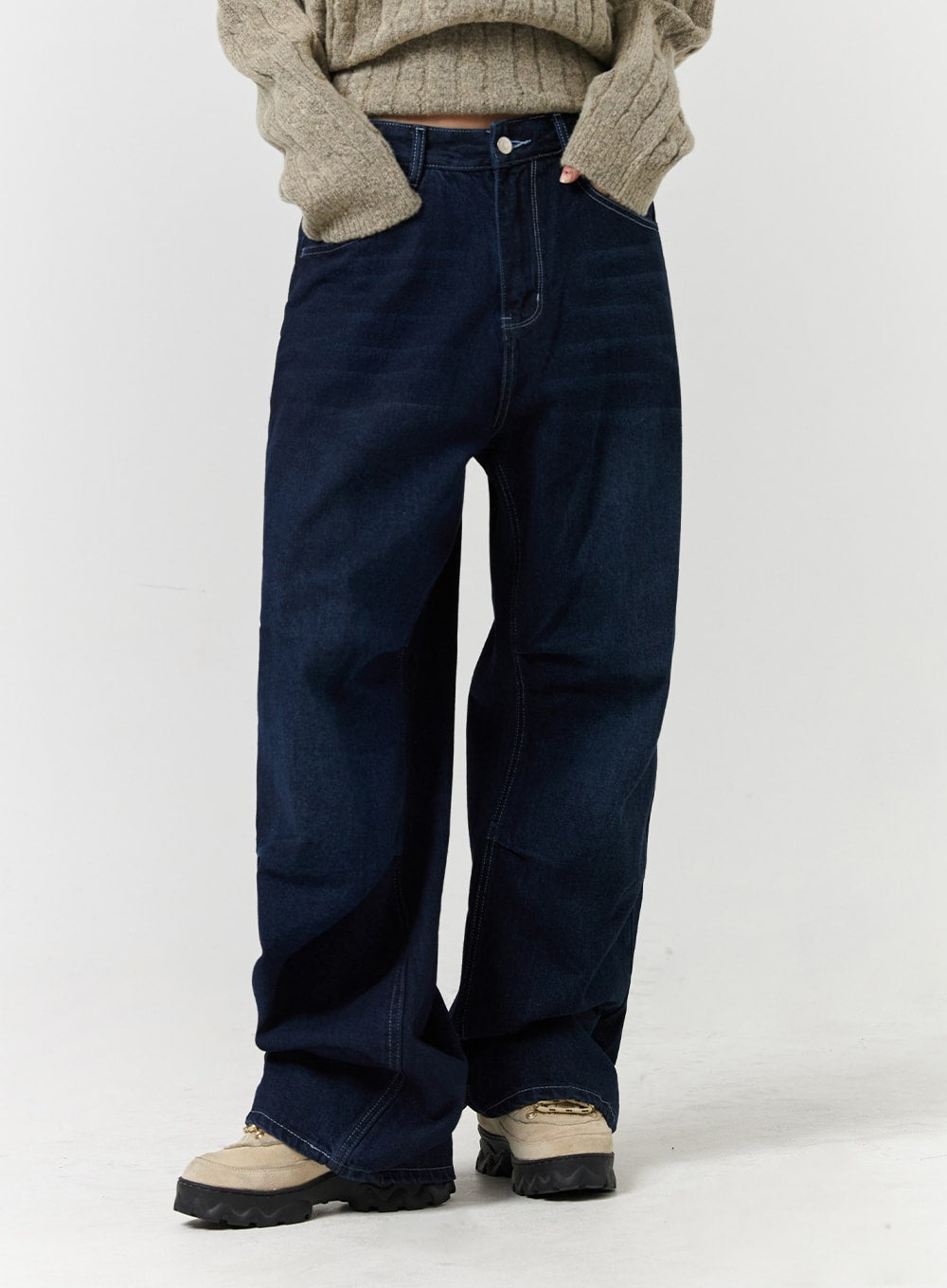 Unisex High Waist Solid Pocket Straight Leg Jeans CD328 in Blue, close-up front waist-to-hem shot on model, showing high waist, button closure, contrast topstitching, and wide-leg denim fall to floor.
