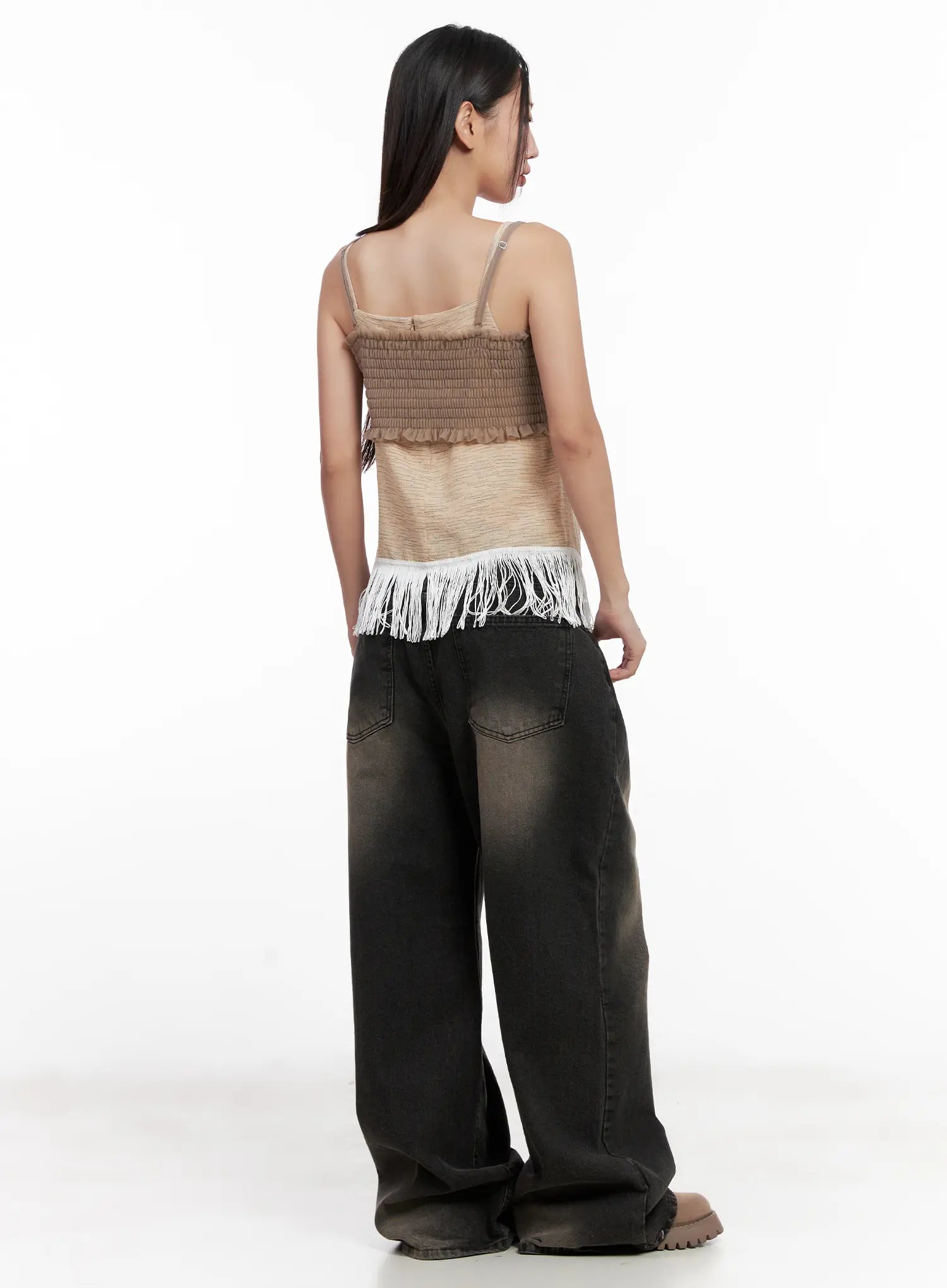 Ari Washed Wide-Leg Denim Jeans CL521 in Black, back full-body view on model, oversized wide leg with back patch pockets and washed fade, styled with fringe cami top.