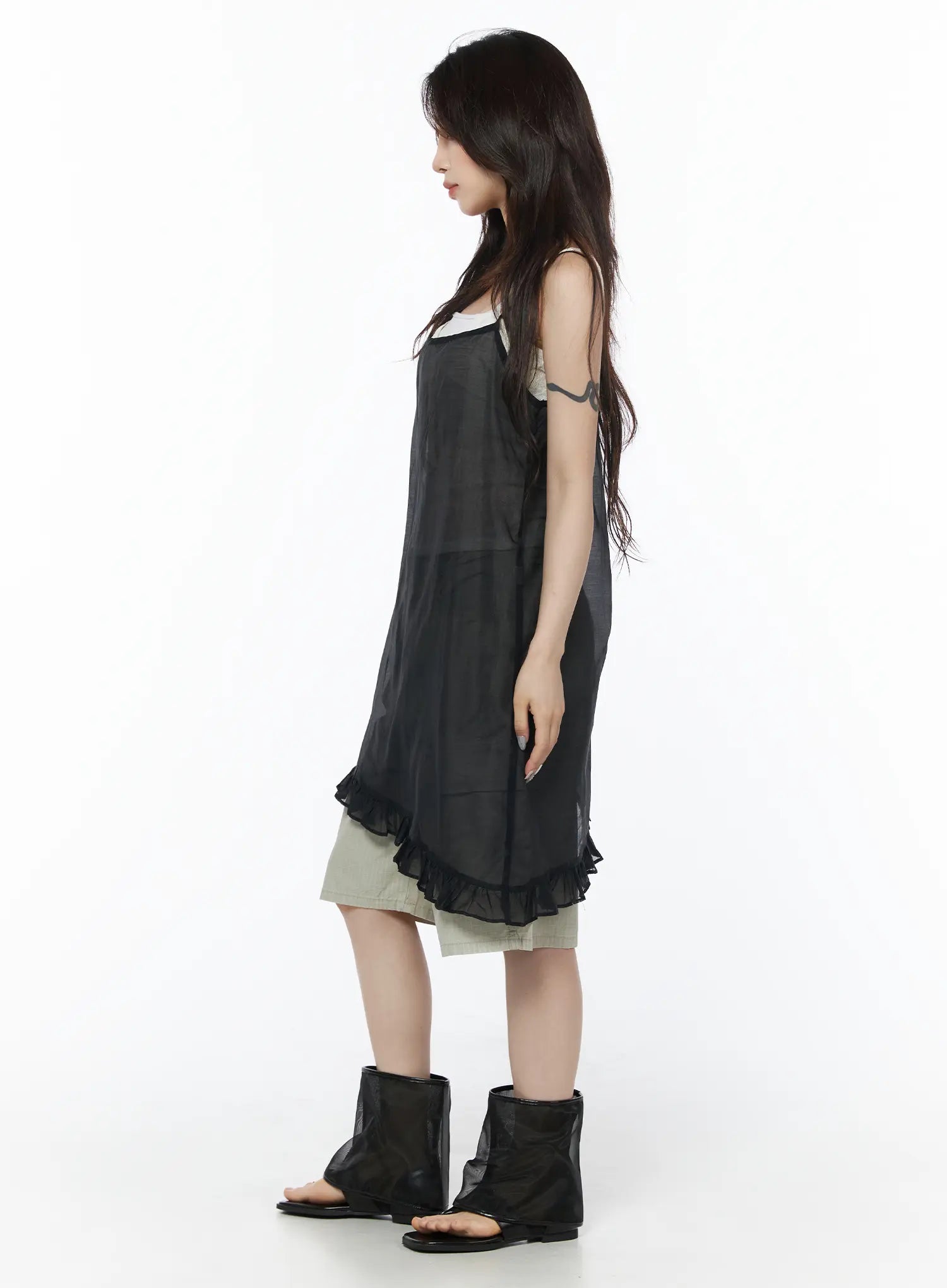 sheer ruffle midi dress Flying High Sheer Lace Ruffled Layering Midi Dress Cream / M