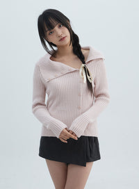 Asymmetrical Button Open Collar Knit Sweater ON313 - Korean Women's Fashion  | LEWKIN