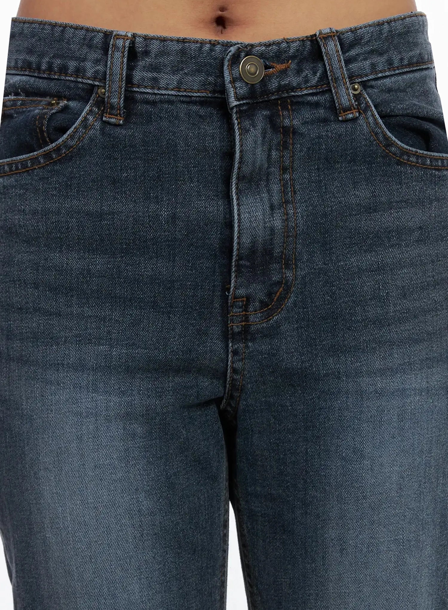 Rara Fleece Flared Jeans ID503 in blue, close-up detail of waistband and front pockets, showing washed cotton texture, contrast orange stitching, and antique brass button closure.
