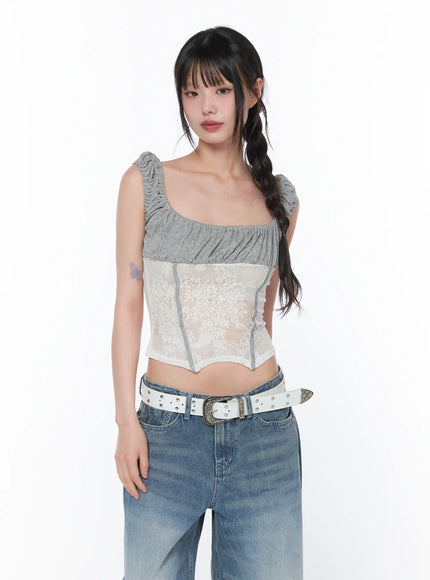 two-tone-lace-sleeveless-top-ca529 / Gray