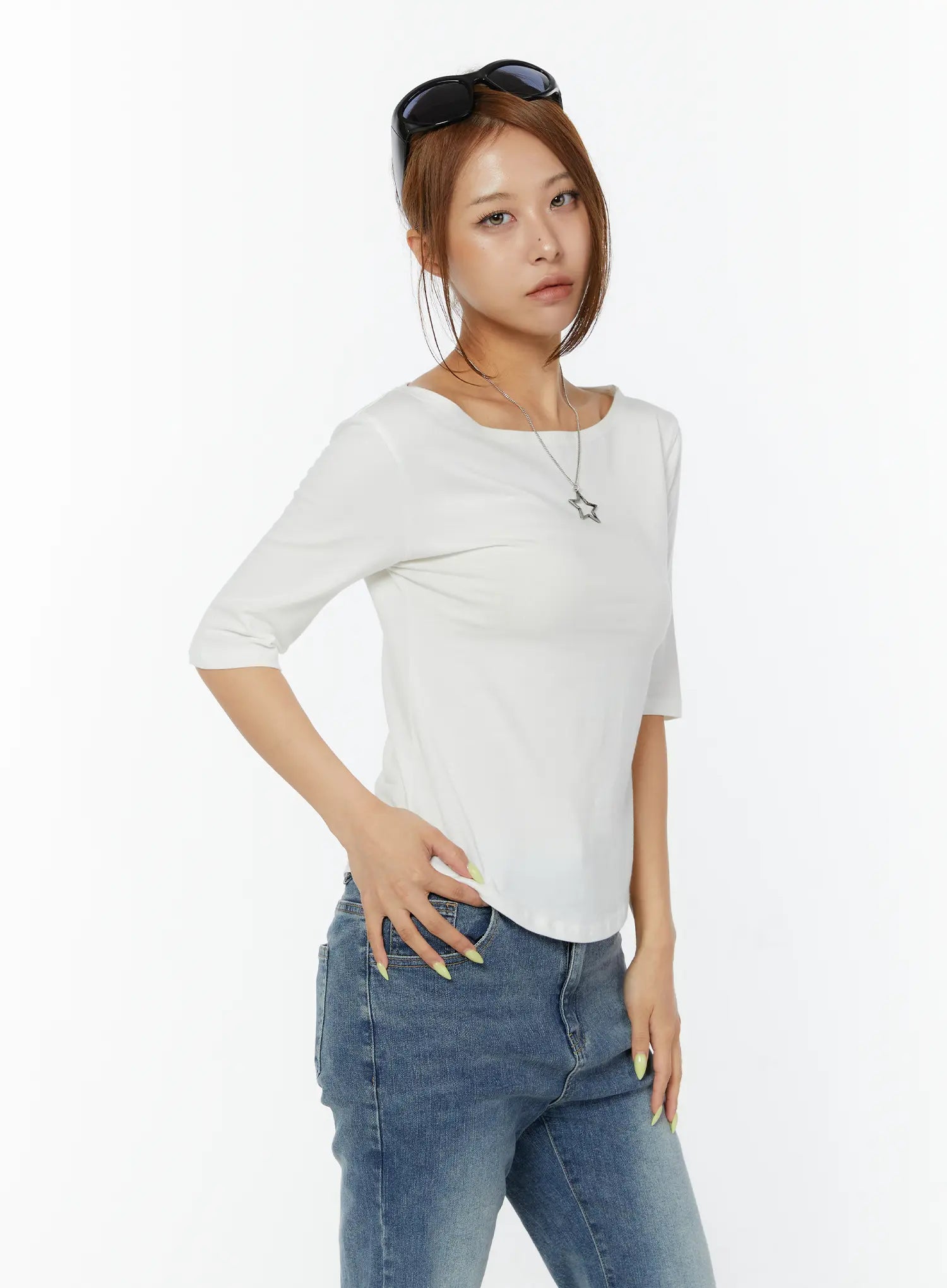 minimalist-3-4-sleeve-boat-neck-top-cy520 / White