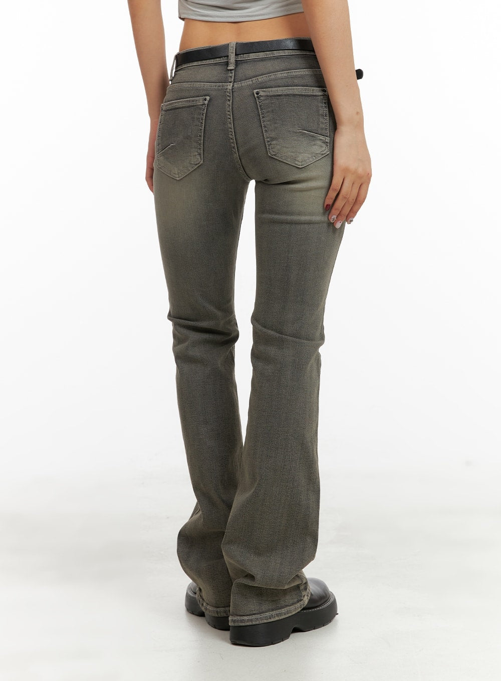 Low Rise Bootcut Jeans CA416 in dark gray, back full-length view on model, dual back pockets with topstitching, washed finish, bootcut flare visible at hem with black belt.