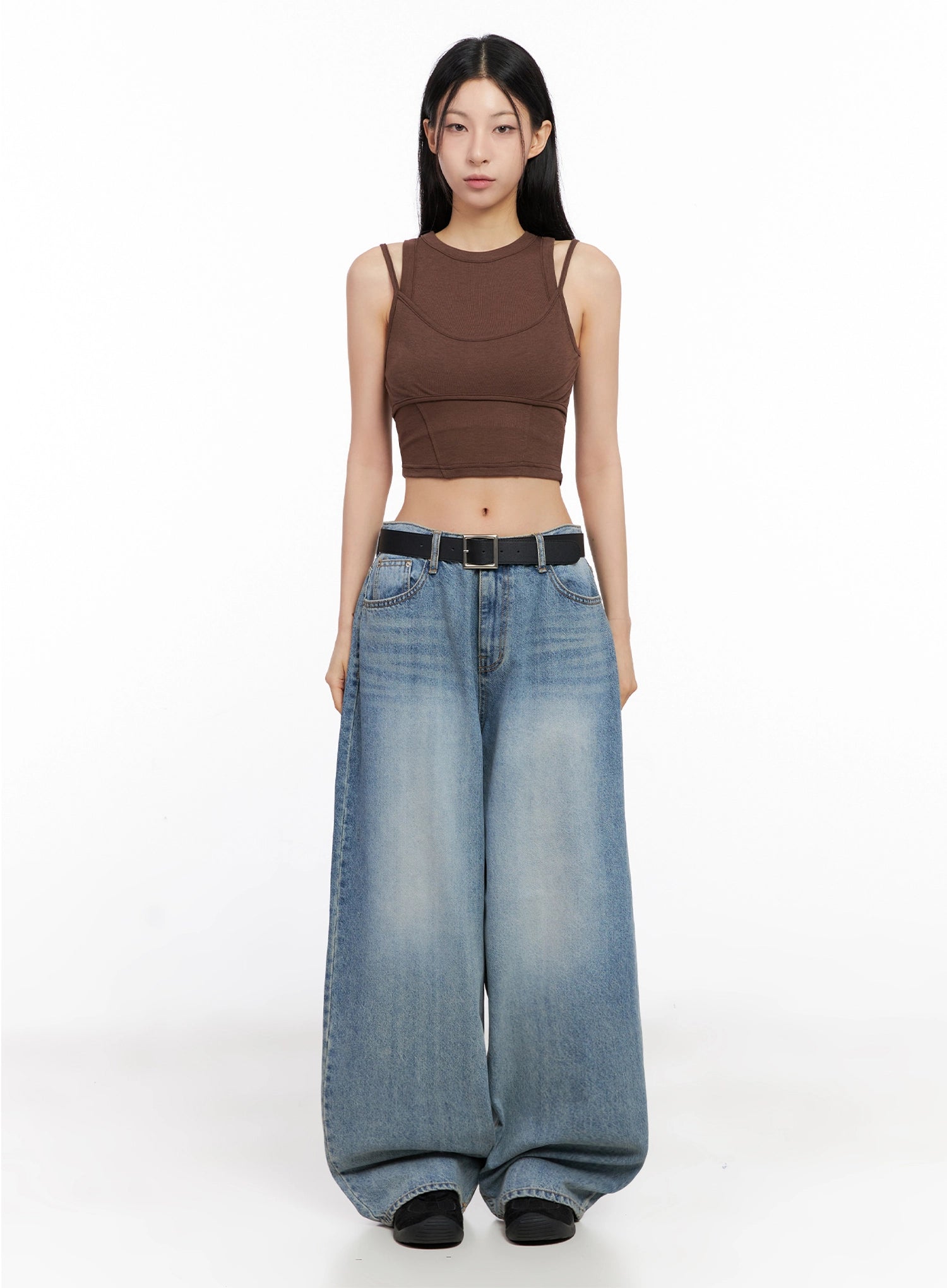 Seojin Washed Wide-Leg Jeans IG508 in blue, full-body front on model in brown double-strap crop top and black belt, floor-length wide-leg denim with washed finish.