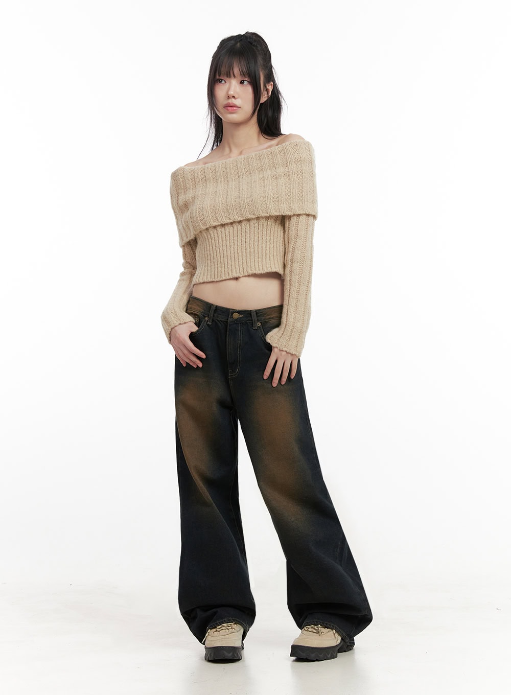 Alexia Washed Denim Wide-Leg Jeans ID402 in dark blue, full-length front on model, relaxed wide-leg washed denim, hands in pockets, styled with cropped off-shoulder knit and chunky sneakers.