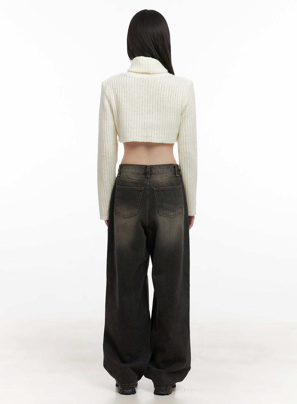 Celina Washed Baggy Wide-Leg Jeans CD426 in black, full back view on model, washed denim with dual back pockets and extra-wide leg hem pooling at floor, paired with ivory turtleneck crop knit.
