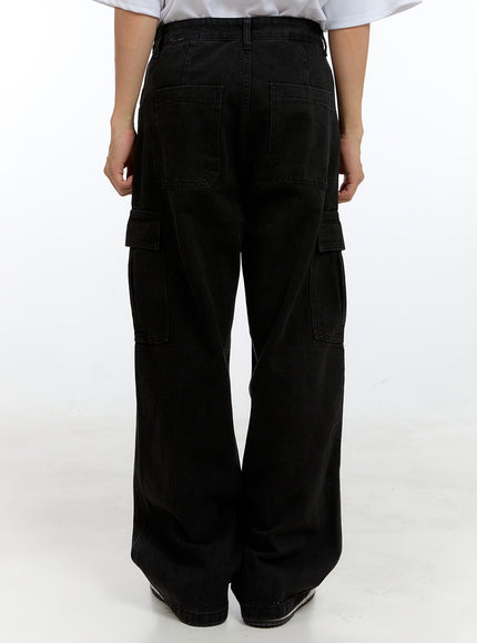 mens-cargo-pocket-denim-wide-leg-pants-black-ig416