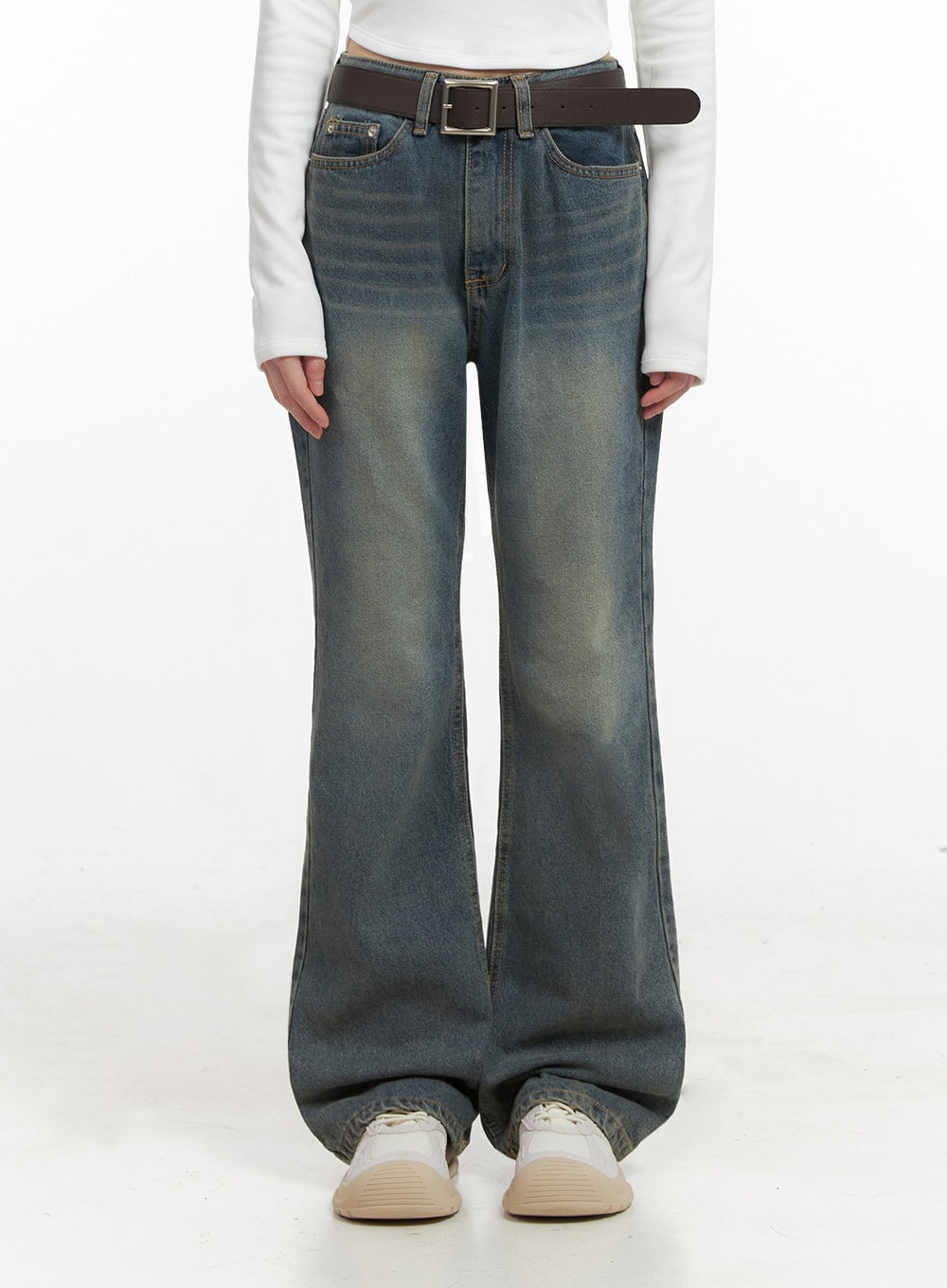 Asher Slimline Washed Bootcut Jeans ID402 in vintage blue, waist-to-hem close-up on model, washed denim with faded highlights, five-pocket styling, brown belt detail, gentle bootcut hem.