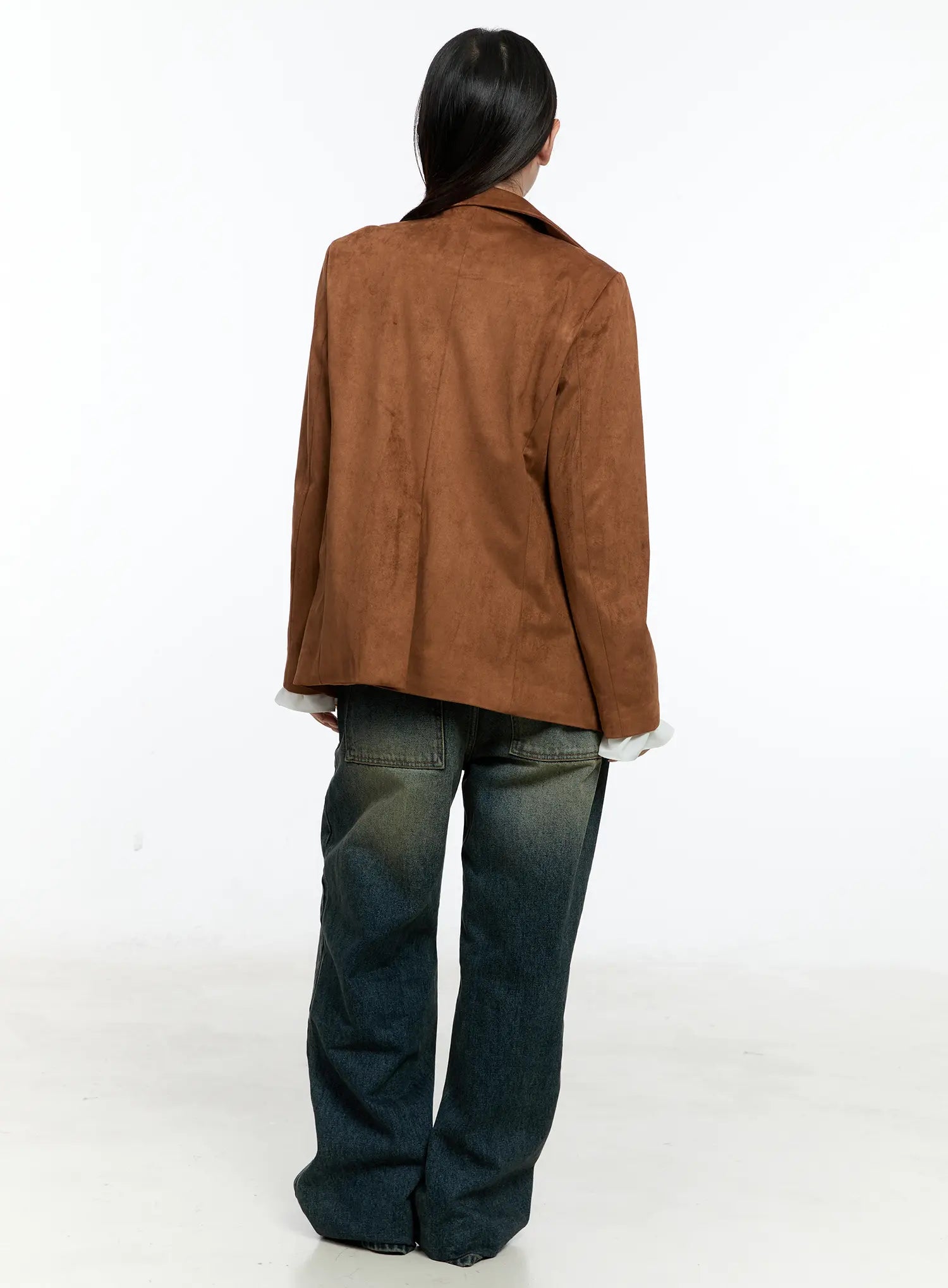 Lilian Vintage Wash Wide-Leg Jeans CS518 in vintage blue-green, back full-length on model paired with brown suede blazer, long wide-leg silhouette visible.