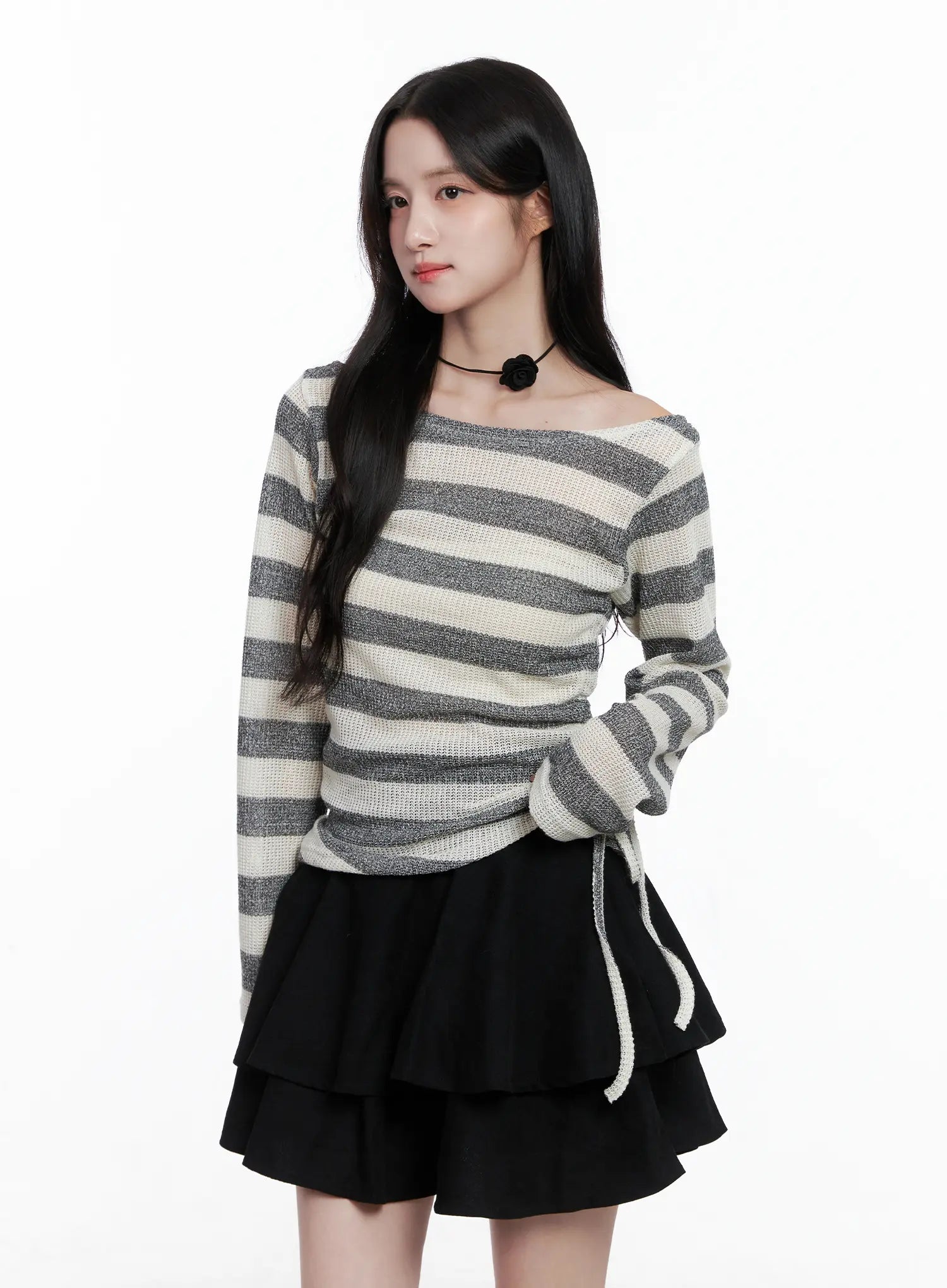 striped-ruched-wide-neck-top-cs523