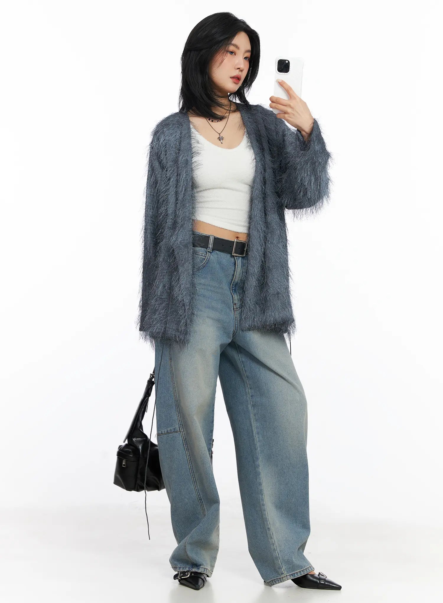 Frey Washed Wide-Leg Jeans CJ523 in light blue, full-body front outfit shot on model, layered with grey fuzzy cardigan, white crop top, black belt and bag.