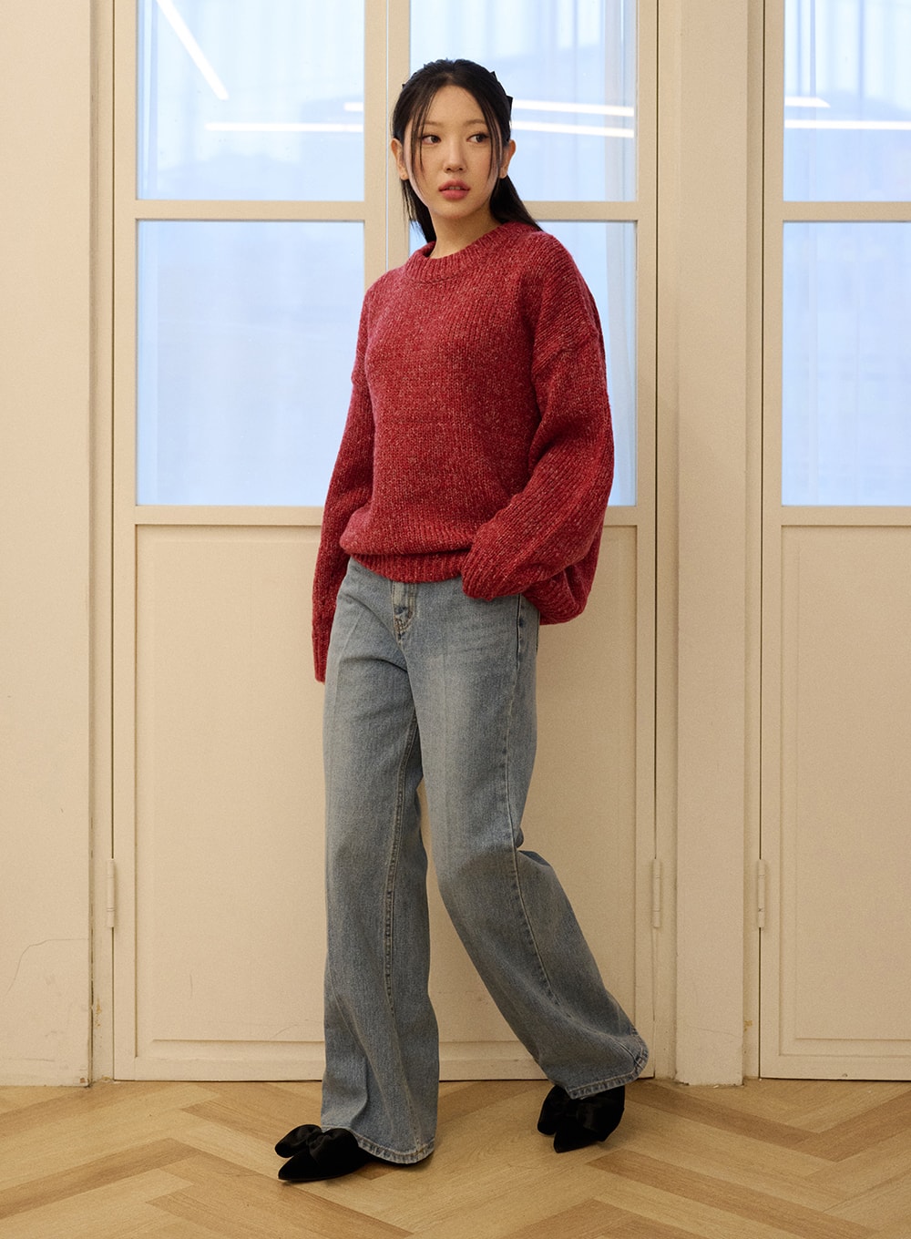 Casual Denim Solid Straight Leg Jeans OD326 in blue, three-quarter front angle on model, washed cotton high-rise straight leg with subtle fading, paired with oversized red knit and black mules.
