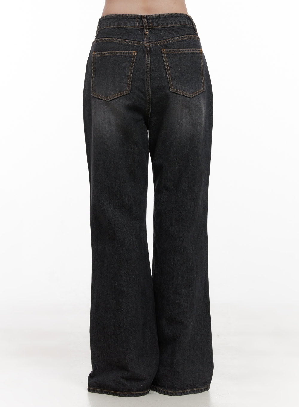 Kiana Cotton Wide Fit Flared Jeans OD403 in black, back product shot from waist down, washed cotton denim with dual back pockets and contrast stitching, flared hem silhouette.