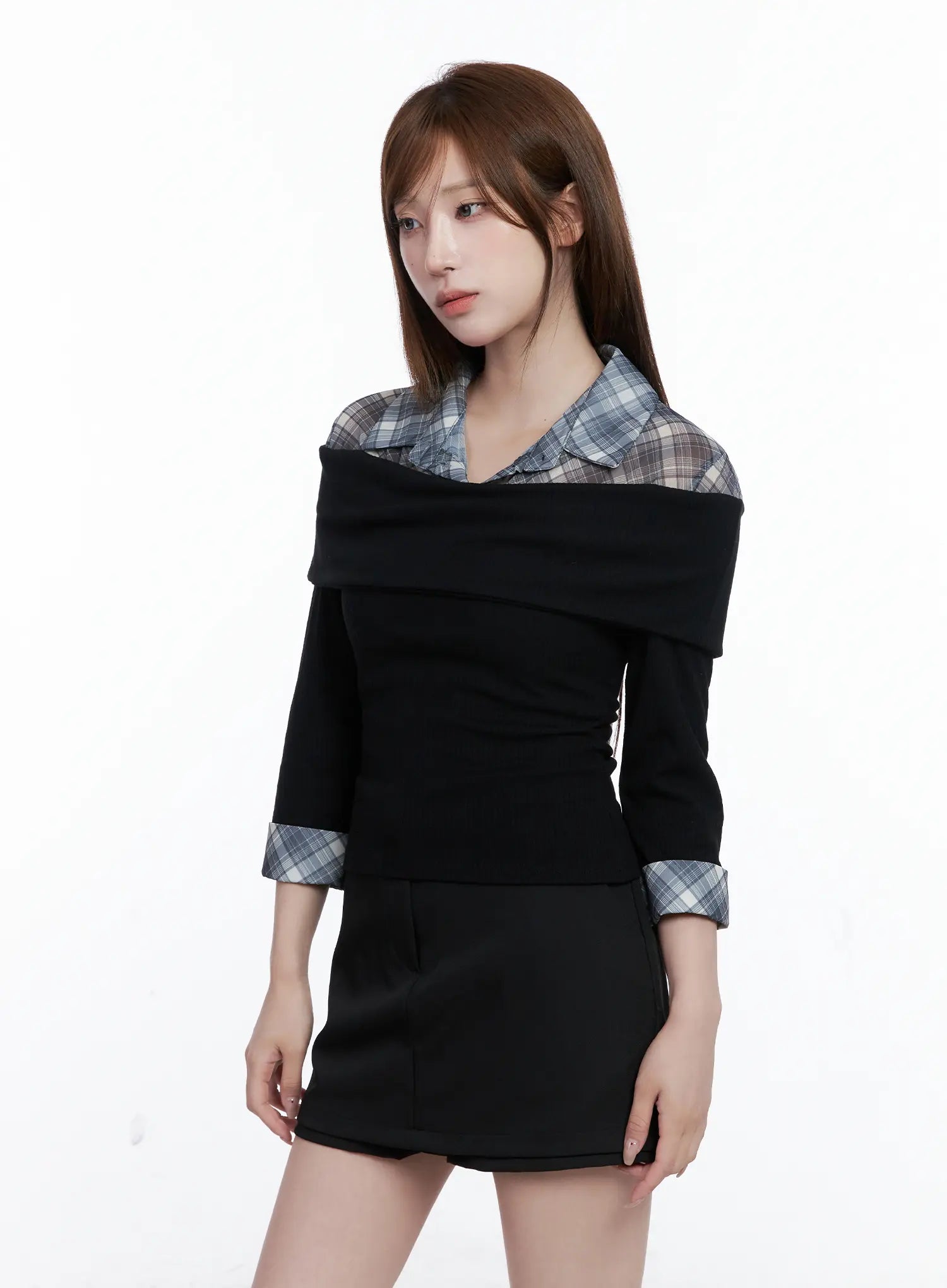 plaid-collar-layered-long-sleeve-top-cg529