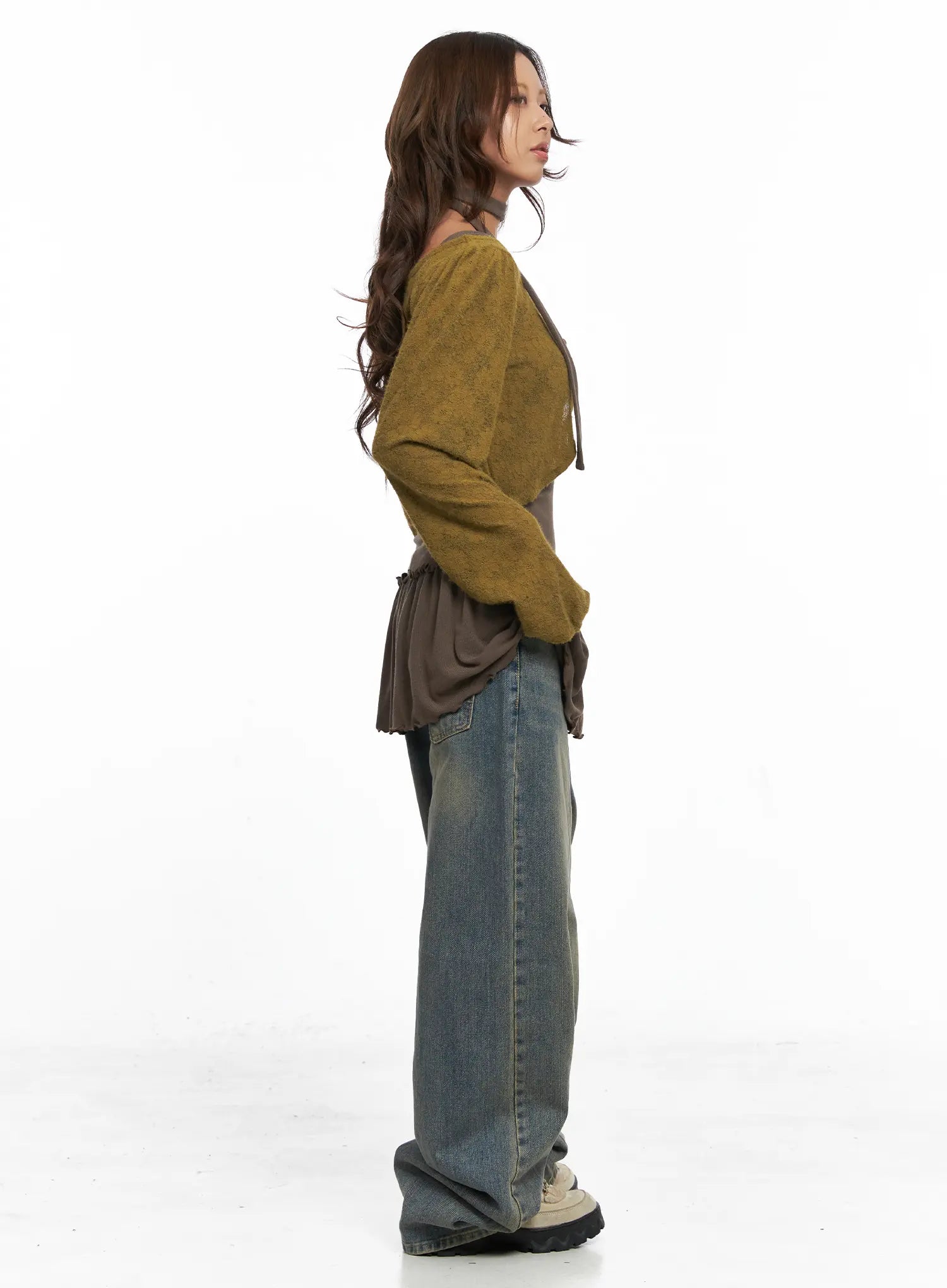 Denver Vintage Washed Semi-Wide Jeans CO513 in blue, side full-body shot on model with olive knit cardigan and brown ruffle top, long wide-leg silhouette with floor-grazing hem and chunky shoes.