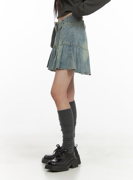 buckle-pleated-denim-mini-skirt-cs403