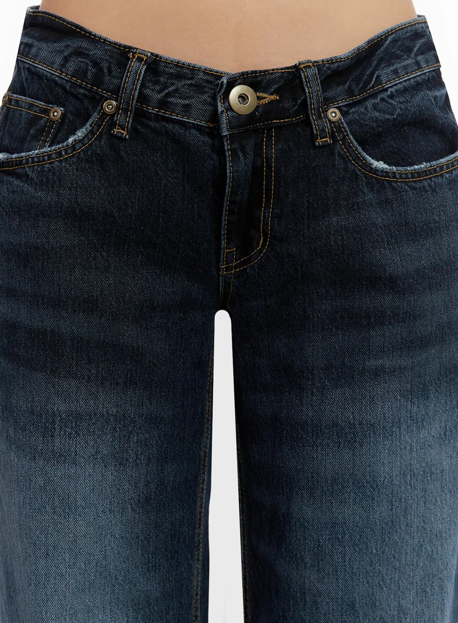 Aimee Low Rise Wide Leg Jeans ID525 in dark blue wash, close-up detail of low-rise waistband, gold contrast stitching, front coin pocket, and brass button closure on washed cotton denim.
