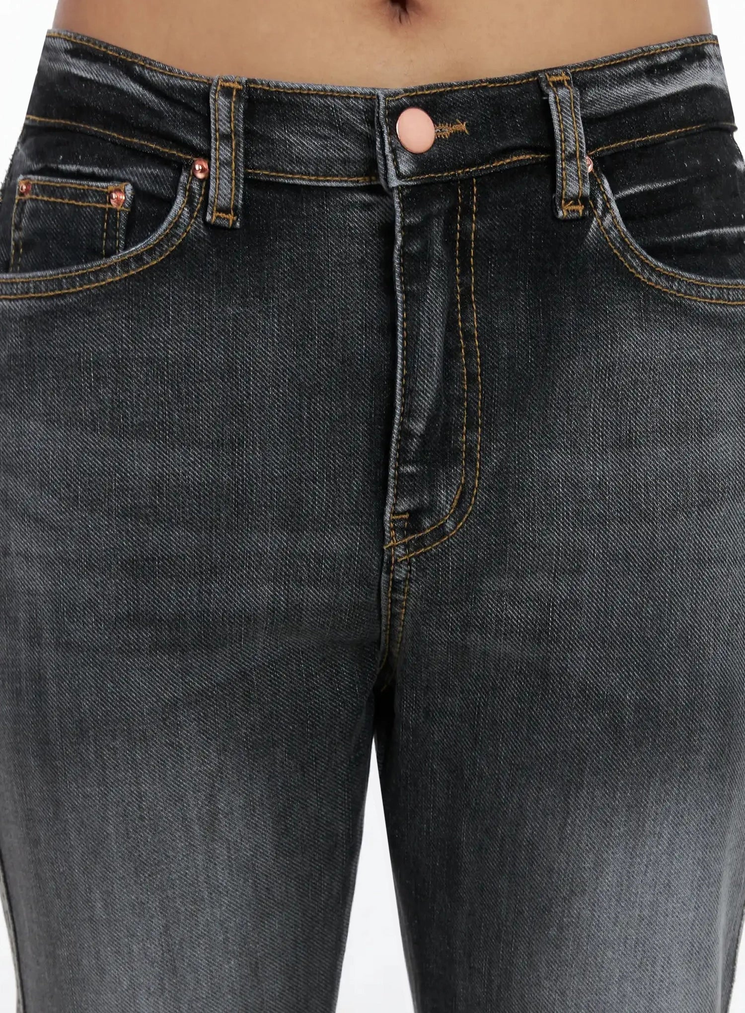 Phoe Flared Jeans ID503 in washed grey, waist close-up detail showing five-pocket design, rose gold button, contrast stitching, and washed cotton denim texture.