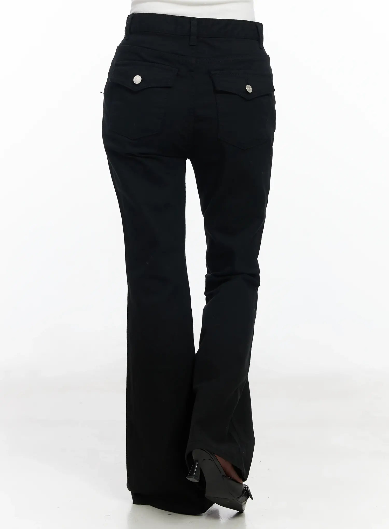 Ellis High-Waist Bootcut Jeans IJ529 in black, back product shot on model, featuring dual flap back pockets with silver snap buttons and subtle bootcut flare at hem.