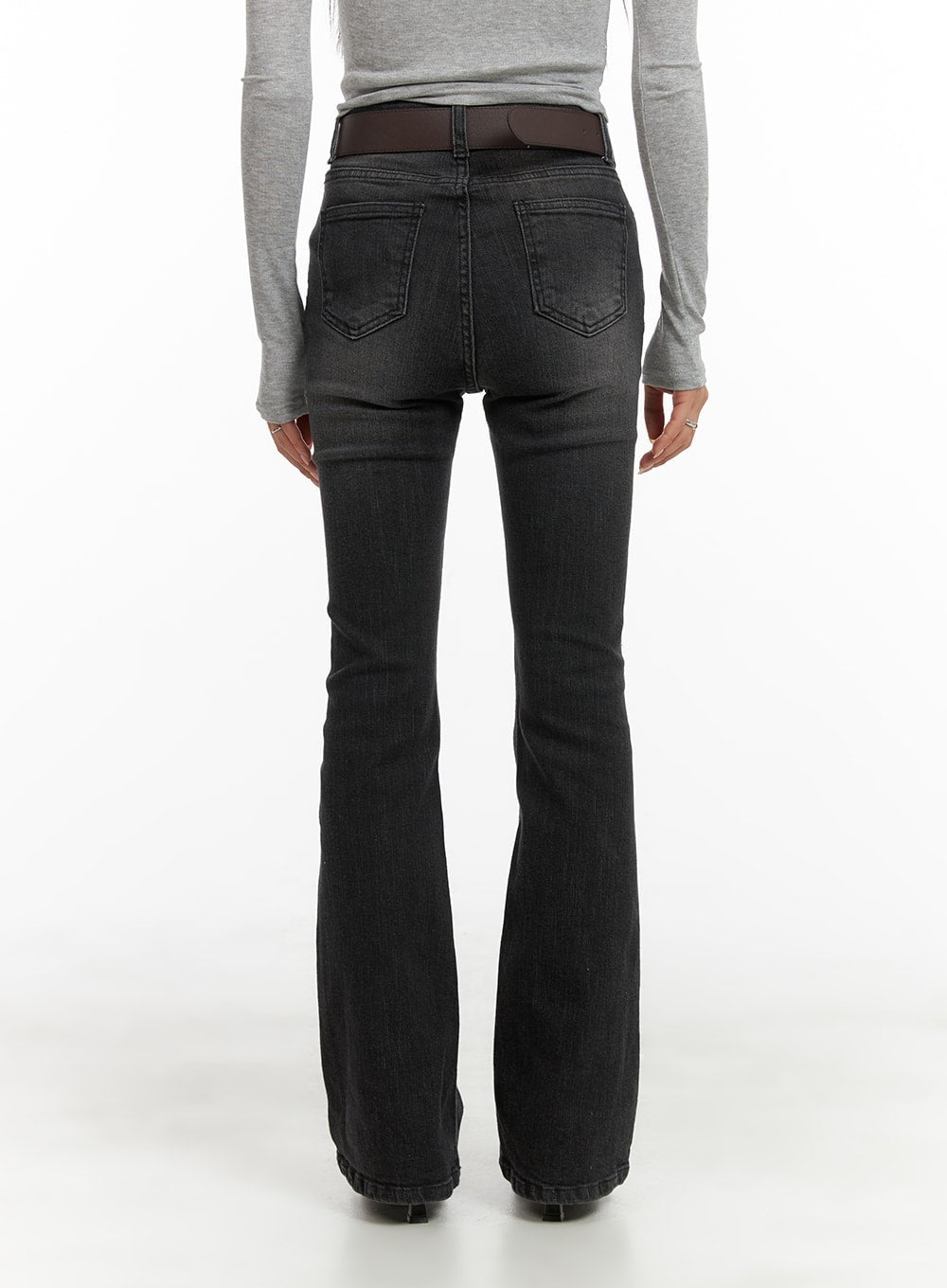 Slim Washed Denim Bootcut Jeans CA403 in black, back full-length view on model, slim fit bootcut with back patch pockets and flared hem, washed denim finish.