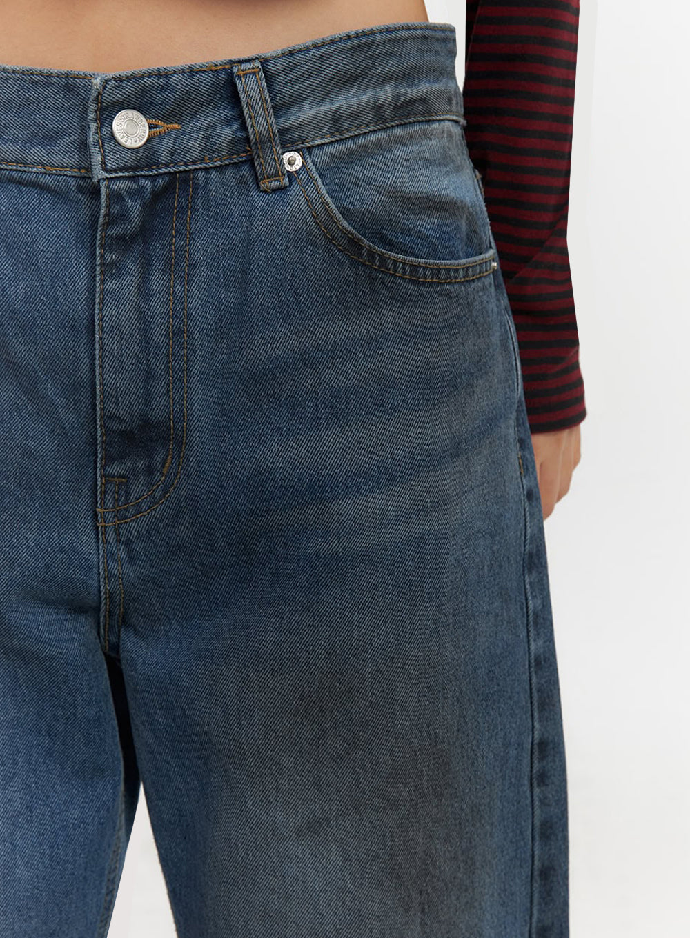Brianna Dark Washed Wide-Leg Jeans IF510 in dark washed blue, waist close-up detail, silver button, coin pocket, contrast stitching, and dark fade wash on cotton denim visible.