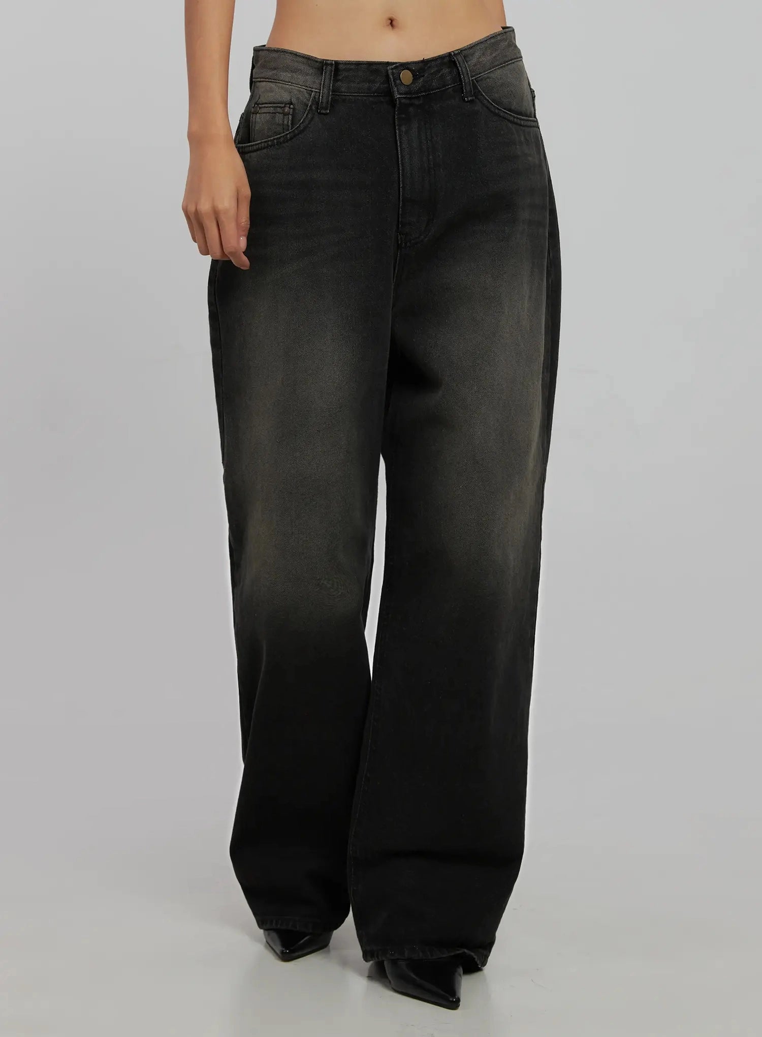 Blaire Dark Washed Wide Leg Jeans IJ509 in black, front product shot on model showing full leg length, dark-to-lighter gradient washed cotton denim, low-rise fit with wide floor-grazing leg.