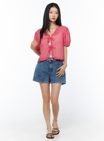 plaid-ribbon-tie-short-sleeve-cardigan-blouse-iu519